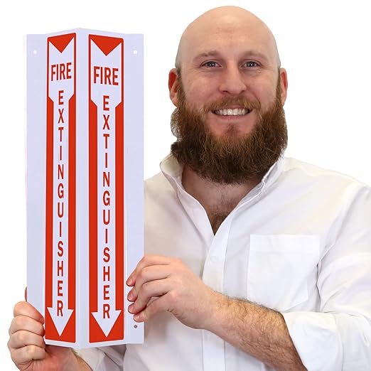 SmartSign "Fire Extinguisher" Two-Sided V-Shaped Projecting Sign with Down Arrow, 18 x 4 inch, 120 mil Polished Acrylic, Red/White, Made in USA