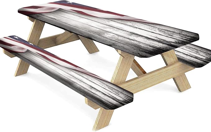 USA Flag Fitted Picnic Table Cover with Bench Covers, 3 Pieces Set, American Flag on Wooden Background Print Elastic Edged Rectangluar Table Cover, 28x72 Inch, Great for Picnic Party Outdoor Patio Use