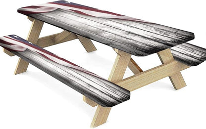 USA Flag Fitted Picnic Table Cover with Bench Covers, 3 Pieces Set, American Flag on Wooden Background Print Elastic Edged Rectangluar Table Cover, 28x72 Inch, Great for Picnic Party Outdoor Patio Use