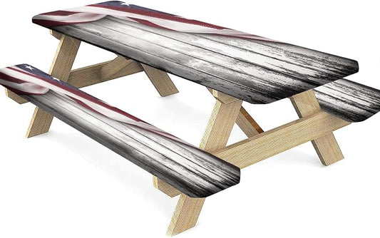 USA Flag Fitted Picnic Table Cover with Bench Covers, 3 Pieces Set, American Flag on Wooden Background Print Elastic Edged Rectangluar Table Cover, 28x72 Inch, Great for Picnic Party Outdoor Patio Use