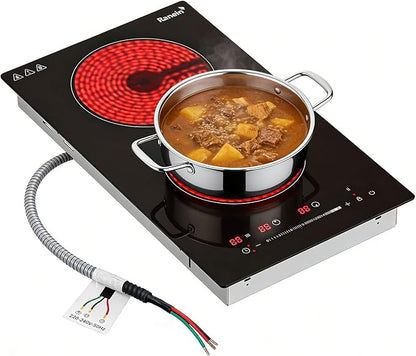 Ranein 12 Inch 2 Burner Electric Cooktop, Max 3000W 240V Ceramic Panel Built-in Electric Stove Top, with Child Safety Lock, Timer, Over-Temperature Protection