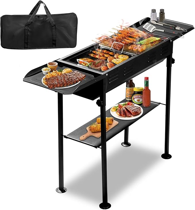 Portable Charcoal Grill with Side Table, Foldable Barbecue Grills BBQ Griddle for Outdoor Cooking Garden Party Picnic Hiking Travel Backyard, Easy to Assemble, Asadores de Carbon (Black)