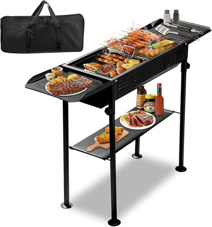 Portable Charcoal Grill with Side Table, Foldable Barbecue Grills BBQ Griddle for Outdoor Cooking Garden Party Picnic Hiking Travel Backyard, Easy to Assemble, Asadores de Carbon (Black)