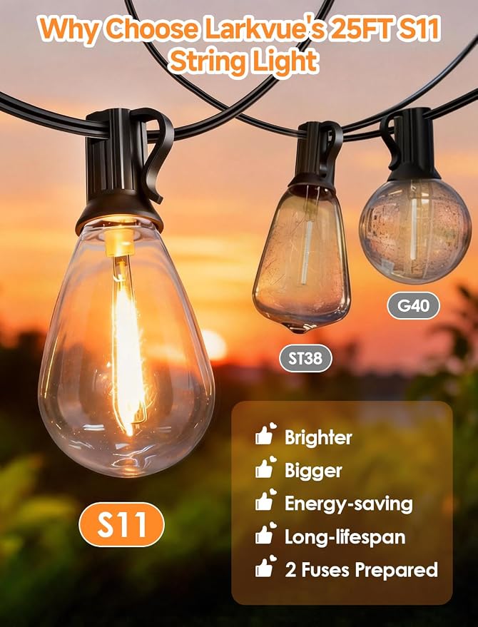 Larkvue 50FT(2X25FT) LED Outdoor String Lights, 20+2 Edison S11 Dimmable Bulb Waterproof Patio Lights, Connectable Hanging Strand for Balcony, Black