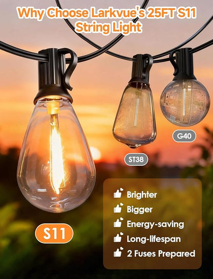 Larkvue 50FT(2X25FT) LED Outdoor String Lights, 20+2 Edison S11 Dimmable Bulb Waterproof Patio Lights, Connectable Hanging Strand for Balcony, Black