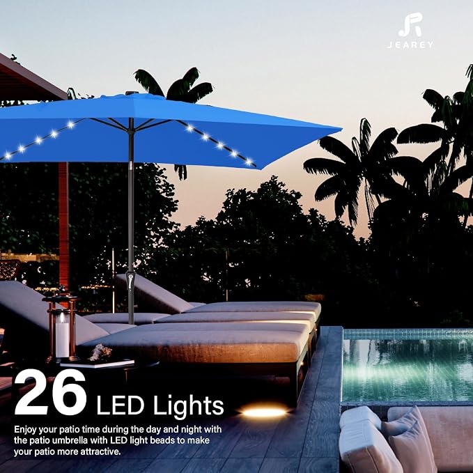 JEAREY 6.5x10' Rectangle LED Lighted Umbrella Patio Umbrella Outdoor w/Tilt | Solar Market Umbrellas with 6 Sturdy Ribs, UV Protection Waterproof Sunproof for Pool, Deck, Backyard(Royal Blue)