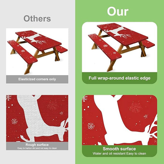 Christmas Picnic Pable Cover with Table Cover, Elastic Tablecloth for Outdoor Picnic Table, Red Reindeer and Snowflake Design, Tablecloth for Camping, Barbecue and Holiday Parties