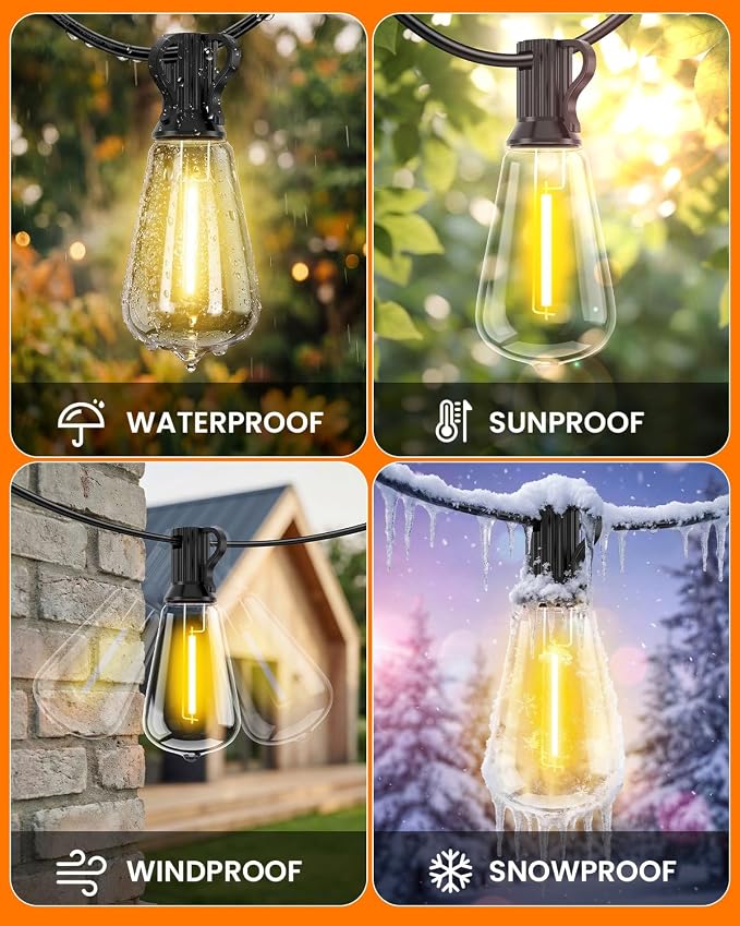 VOLIVO 54FT ST38 Solar String Lights Waterproof Outdoor Patio Lights | with Remote & USB Port, 16+1 LED Shatterproof Bulbs, 8 Lighting Modes, Dimmable Solar Light for Camping Backyard Garden