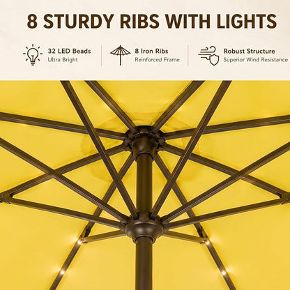 11FT Solar Lighted Patio Umbrella, Outdoor Table Market Umbrellas with Crank Lift, 32 LED Lights, 8 Sturdy Ribs, UV-Resistant for Deck, Garden, Pool