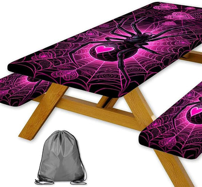 Picnic Table Cover with Bench Covers, Camping Essentials, Spider Web Outdoor Camping Table Cover Waterproof Camping Tablecloth with Elastic Edges Fitted Rectangle Tables and Seats, 3PCS, 30x60 Inch