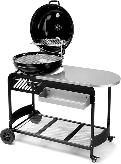 43" Portable Charcoal Grill with Cart 21" BBQ Grill with Porcelain-Enameled Lid, Slide-Out Ash Catcher and Thermometer for Backyard Camping Picnic and Tailgating Garden Party Easy-to-Clean