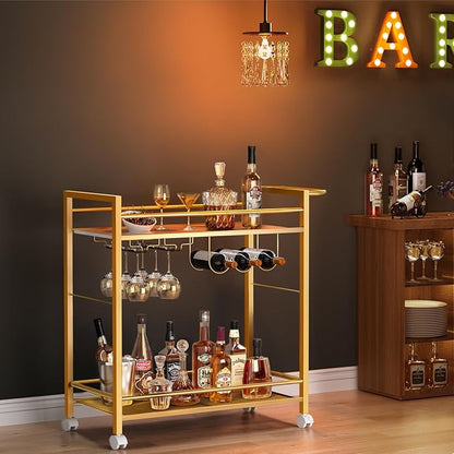 Joaxswe Bar Cart w/Wheels,2 Tier Home Bar Serving Cart,Flowing Gold | Rolling Beverage Cart w/ Wine Rack and Glass Holder,Modern Wine Cart w/ Storage Shelves for Kitchen, Living Room,Dinning Room