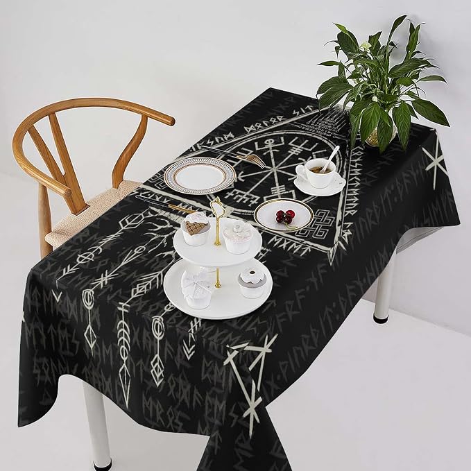 Vintage Viking Pattern Tablecloth, Gothic Helm of Terror Scandinavian Viking Seasonal Table Cloth Waterproof Wipeable Table Cover for Picnic Holiday Party Kitchen Dining 55x75