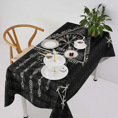 Vintage Viking Pattern Tablecloth, Gothic Helm of Terror Scandinavian Viking Seasonal Table Cloth Waterproof Wipeable Table Cover for Picnic Holiday Party Kitchen Dining 55x75