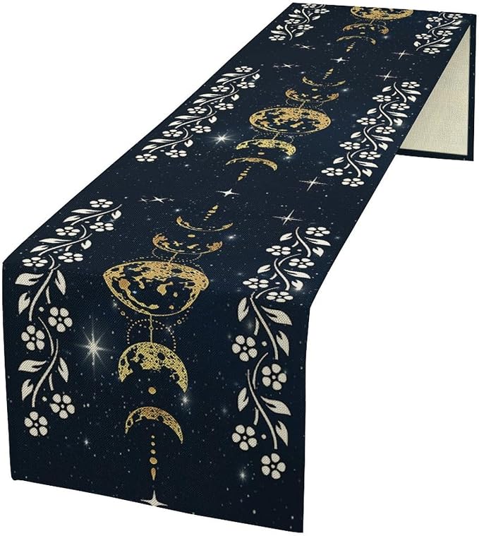 Cotton Linen Table Runner Moonlit Garden Kitchen Full Moon Starry Sky Colorful Boho Floral Flower Rectangle Table Collection Table Setting Decorations for Dinner Wedding Birthday Party 13x90 Inch