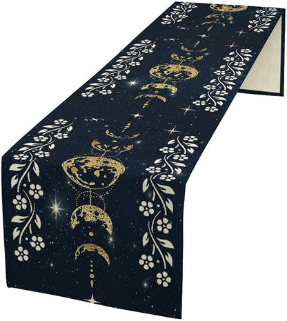 Cotton Linen Table Runner Moonlit Garden Kitchen Full Moon Starry Sky Colorful Boho Floral Flower Rectangle Table Collection Table Setting Decorations for Dinner Wedding Birthday Party 13x70 Inch