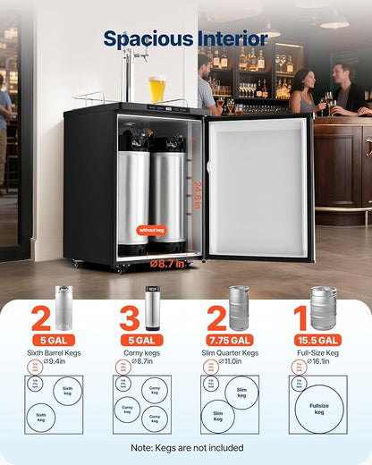 VEVOR Beer Kegerator, Dual Tap Home Draft Beer Dispenser for Ball Lock, Full Size Keg Refrigerator with 5lbs CO2 Tank, Hold 2 Sixth / 2 Slim / 3 Ball lock keg, 162L