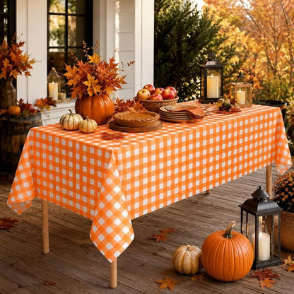 3Pcs Orange Gingham Tablecloths, Fall Checkered Table Covers 54x108 In | Orange and White Checkered Tablecloths Disposable Waterproof for Fall Picnic Halloween Barbecue Birthday Outdoor Party