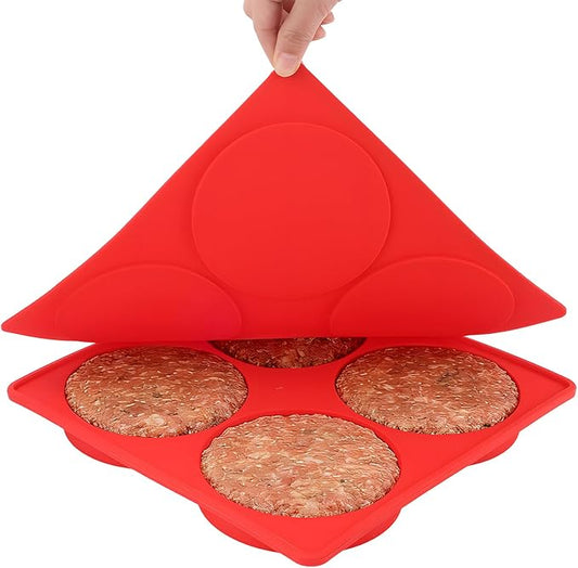 Silicone Burger Patty Maker & Freezer Tray, Grilling Cookware 4-Cavity Mold with Airtight Lid, Make 4 Perfect 4.7-Inch Patties at Once for Easy BBQ Prep & Freezer Storage