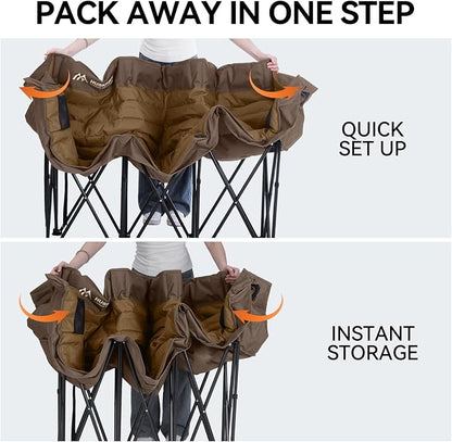 Huskfirm 3 Person Camping Chairs Folding Double Camp Chair for Adults Brown | Oversized Loveseat Camping Chair Padded Heavy Duty Camping Couch for Outdoor Lawn with Two Cup Holders and Carry Bag