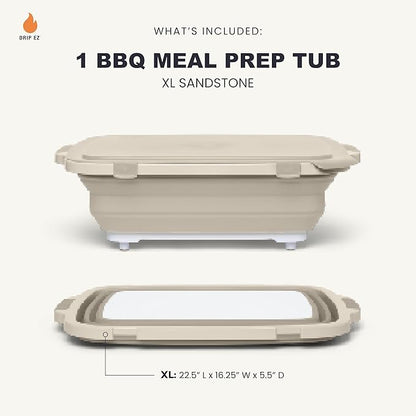 Drip EZ Collapsible BBQ Prep Tub - For Meal Prep, Marinating, Food Storage - Includes Cutting Board & Locking Lid - (1) XL - Sandstone