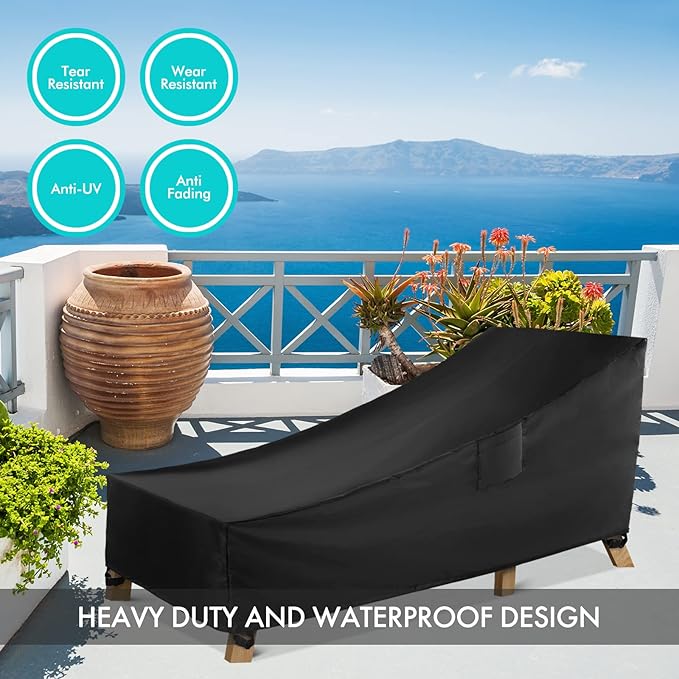 WLEAFJ Patio Chaise Lounge Cover Waterproof, Heavy Duty Outdoor Lounge Chair Covers, Black Durable Patio Furniture Covers, 78L x 34W x 32H inch - 2 Pack