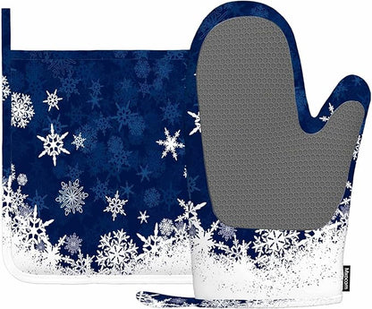 Mxocom Merry Christmas Snowflake Silicone Oven Mitts and Pot Holders Sets Winter Blue Frosty Snow Christmas BBQ Gloves for Kitchen,Cooking,Baking,Grilling
