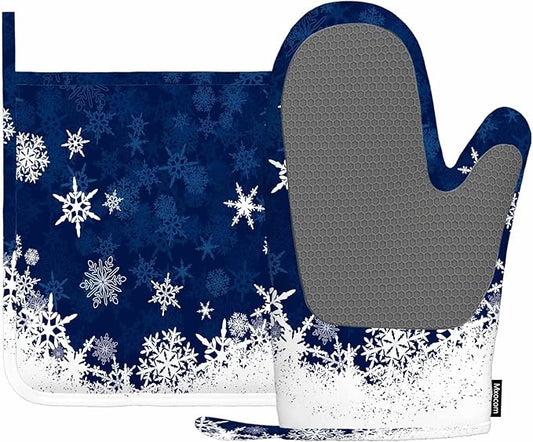 Mxocom Merry Christmas Snowflake Silicone Oven Mitts and Pot Holders Sets Winter Blue Frosty Snow Christmas BBQ Gloves for Kitchen,Cooking,Baking,Grilling