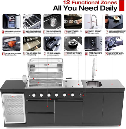 98.4 Inch Outdoor Kitchen Island, 72000 BTU Propane Gas Grill Combination With Refrigerator and Sink, Outdoor Stainless Steel Barbecue Bar, Propane Grill for Patios, Gardens, Parties
