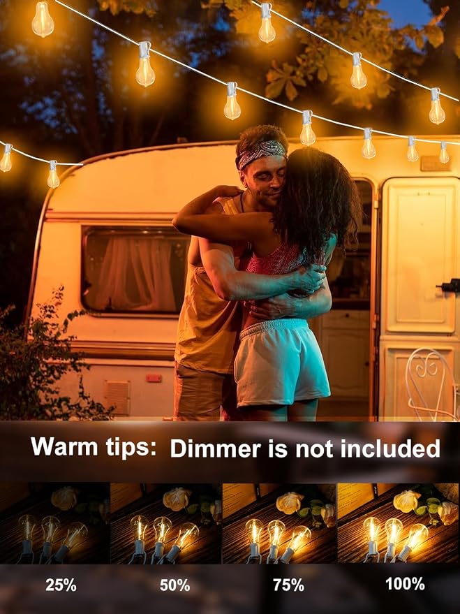 White Outdoor String Lights 120FT Waterproof Lighting for Patio Wedding | 2FT Bulbs Spacing,120FT Connectable White Outdoor Lights with 63 Plastic Dimmable LED Bulbs for Garden Bistro Balcony Party