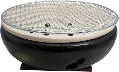 Japanese Tabletop BBQ Charcoal Grill Water Stove - with Metal Grate and Wood Base - 11.81 x 11.81 in - Made in Japan
