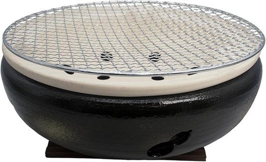 Japanese Tabletop BBQ Charcoal Grill Water Stove - with Metal Grate and Wood Base - 11.81 x 11.81 in - Made in Japan