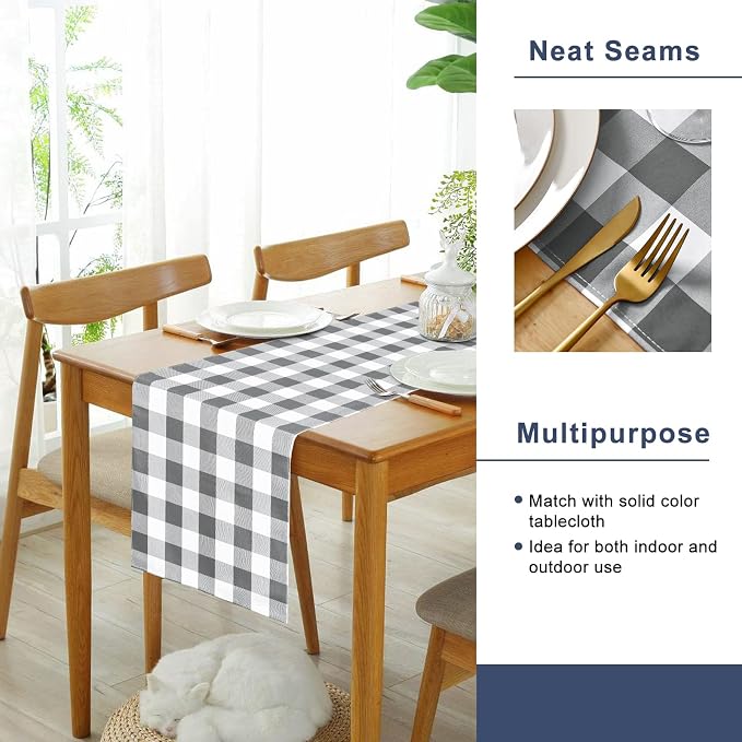 Hiasan Buffalo Plaid Table Runner, Classic Farmhouse Tabletop Collection, Waterproof Table Runner for Kitchen Dining, Banquet, Restaurant, Outdoor Use, 14W x 72L, Grey and White, 1 Piece