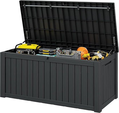 150 Gallon Outdoor Storage Box, Resin Deck Boxes Outdoor Waterproof For Patio Furniture, Garden Tools, Pool Supplies, Lockable And UV Resistant (Striped Black)