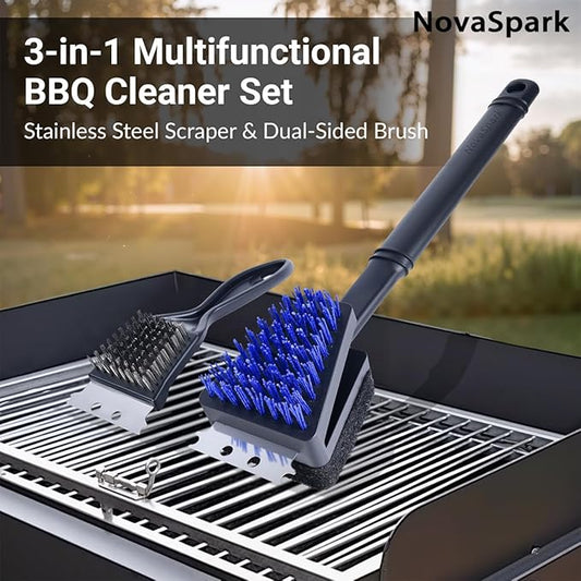 Nylon Grill Brush Cleaning Kit, No Wire Bristle BBQ Brush with Scraper, Safe Barbecue Cleaning Kit for Gas Charcoal Grill Grates, Heat Resistant Outdoor Grill Cleaner, Gift for Men Dad 2-Piece Set