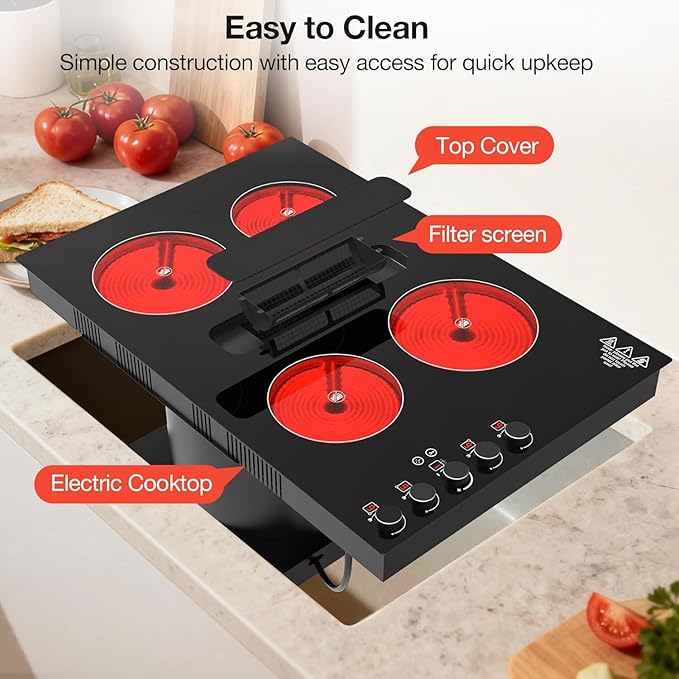30" Electric Cooktop with Downdraft – 4 Burner 6000W Built-in Electric Stove, BBQ Bridge Burner, Timer, Safety Lock, Recirculating Vent (220V-240V)