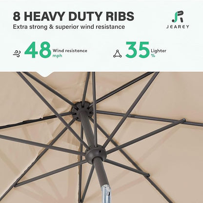 JEAREY 9FT Outdoor Patio Umbrella, Market Umbrella with 8 Fiberglass Ribs & Tilt/Crank, UV Protection & Wind-Resistant Pool Umbrella for Lawn Garden Deck Backyard, Cream Beige