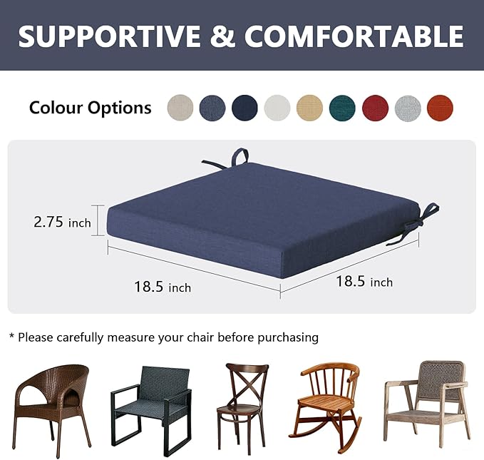 Goodgoods 18.5 x 18.5 Outdoor Chair Cushions Set of 4, Fade-Resistant & Water-Resistant Patio Seat Cushion Pads with Ties, 30D High-Resilience Foam for Dining Room Kitchen Chairs, Sky