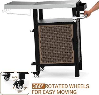 onlyfire 35 Inch Rolling Kitchen Island with XL Stainless Steel Top & Rattan Cabinet, Heavy-Duty BBQ Serving Cart for Indoor/Outdoor, Single Door Storage Worktable with Side Shelf & Wheels