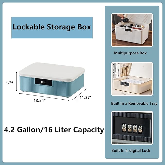 Lockable Storage Box – 4.5 Gallon Waterproof Plastic Organizer w/Adjustable Lock for Home/Office/Outdoor Travel (White & Grey)