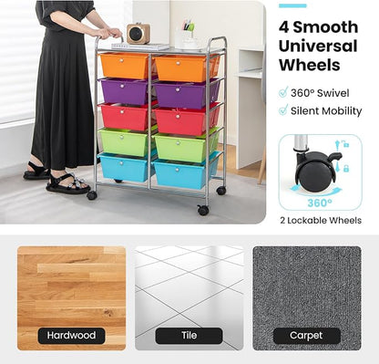 HOMGX Rolling Cart with 10 Drawers, 10 Tiers Multicolor Trolley, Drawer Bin Carts with 2 Lockable Wheels, Adjustable File & Debris Organizer Cart, Rolling Storage Cart for Office, School, Home