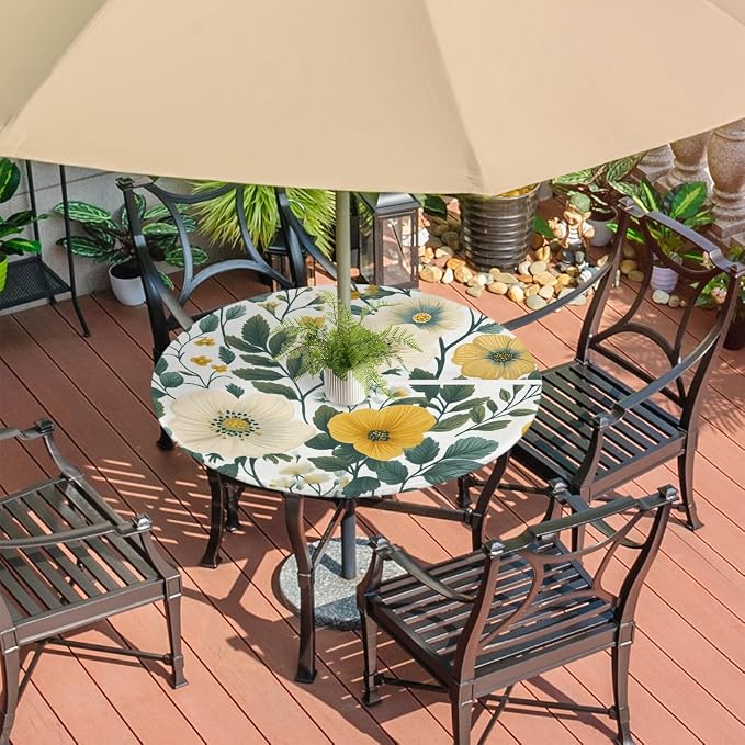 Retro Flowers Outdoor Round Fitted Tablecloth with Umbrella Hole and Zipper, 45"-56" Elastic Patio Table Cloth Oil-Proof Waterproof Patio Table Cover for Picnic Party Camping