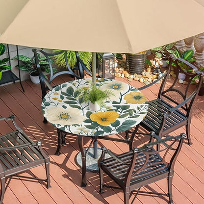 Retro Flowers Outdoor Round Fitted Tablecloth with Umbrella Hole and Zipper, 45"-56" Elastic Patio Table Cloth Oil-Proof Waterproof Patio Table Cover for Picnic Party Camping