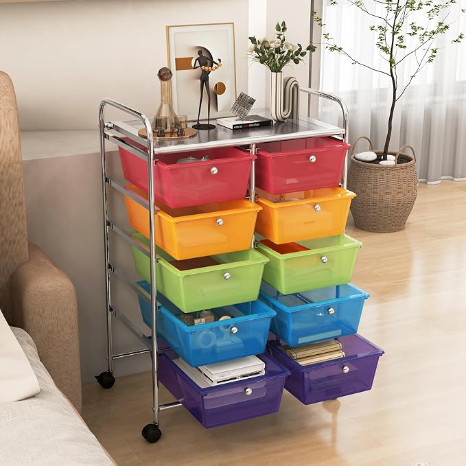HOMGX Rolling Cart with 10 Drawers, 10 Tiers Multicolor Trolley, Drawer Bin Carts with 2 Lockable Wheels, Adjustable File & Debris Organizer Cart, Rolling Storage Cart for Office, School, Home