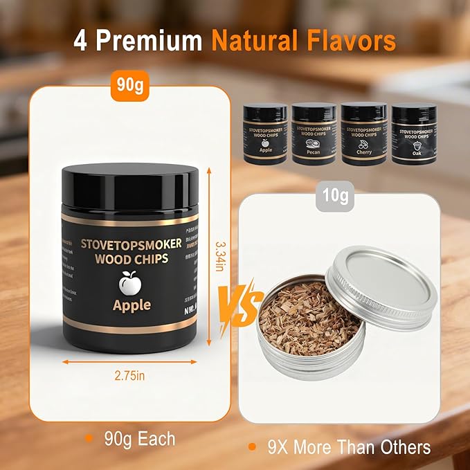 BORUIT Wood Chips for Smoker – 4 Flavors Apple, Cherry, Pecan & Oak – Natural Smoking Wood Chips for Whiskey, Bourbon, Drinks, Food and Cocktail Smoker Gift