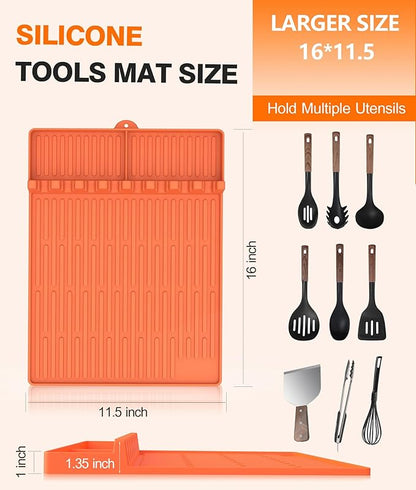 Silicone Grill Mat Compatible with Blackstone, BBQ Griddle Tools Mat with Drip Pad, Large Spatula Holder for Outdoor Kitchen Counter, Gifts for Men (Orange)