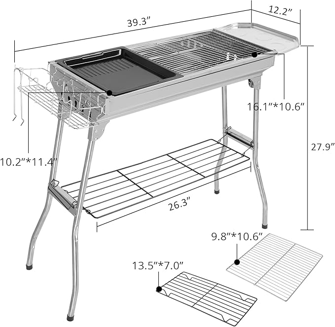 LEADZM Stainless Steel Barbecue Grill, BBQ Charcoal Foldable & Portable Grill, Great for Outdoor Cooking Camping Hiking Picnics Tailgating, Silver 39.3"×12.2"×27.9"
