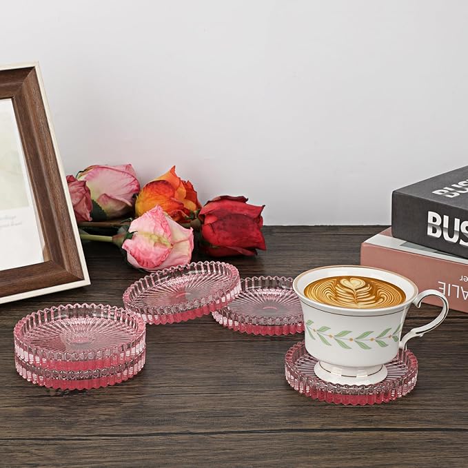 Modern Clear Glass Coaster Set of 8- Coffee Table Coasters, Crystal Coaster Round Cup Mats, Coasters for Office, Kitchen, Bar, Dining Room, Living Room, Patio(Clear Pink)