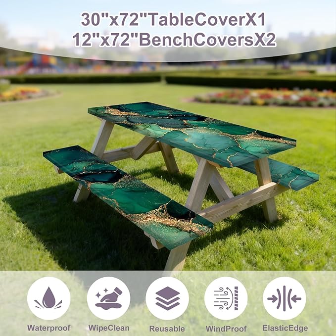 Marble Picnic Table Cover with Table Cover, Elastic Tablecloth for Outdoor Picnic Tables, Jade Green and Gold Texture Design, Tablecloth for Camping, Barbecue and Terrace Dining