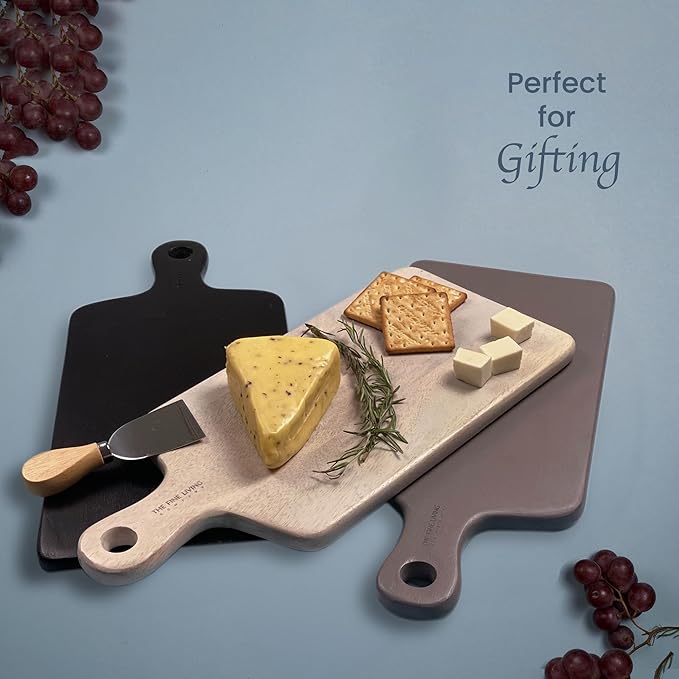 The Fine Living Co. Black Charcuterie Board, Paddle Board with Long Handle, Mango Wood Serving Board, Black Cutting Board, Serving Platter for Meat, Pizza, Food-Grade Wooden Serving Trays, 16”x8”